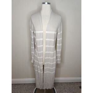 Max Studio Long Cardigan Sweater Linen Blend Stripe Beige White